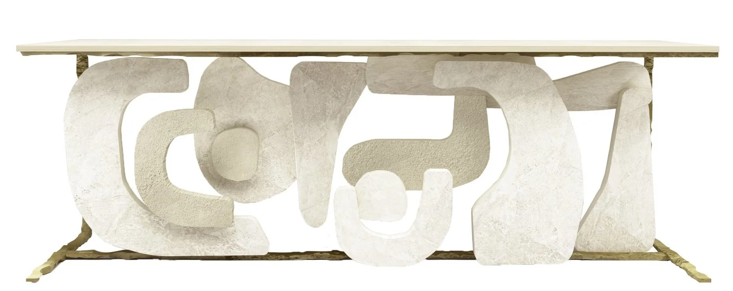 Sculpture-based long thin table.