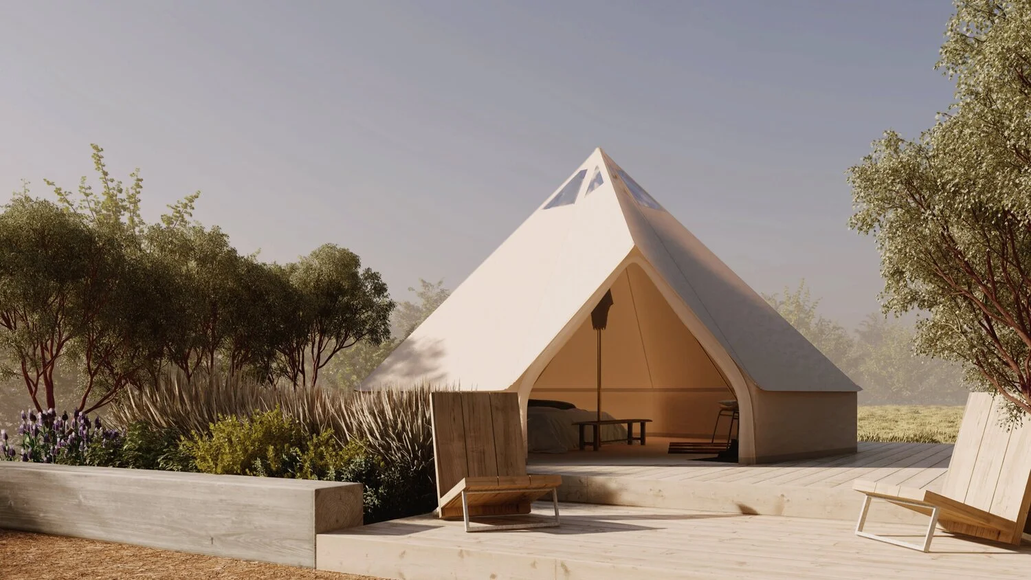 A beautiful, modern hut with skylight set up.