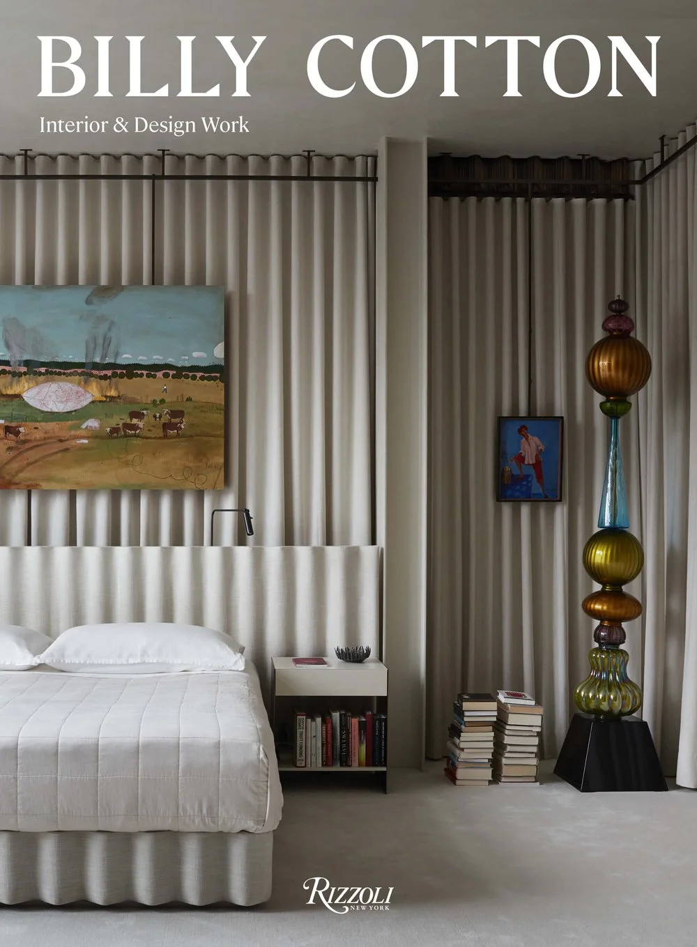 Book cover showing a white bedroom with splashes of colorful arts and crafts.
