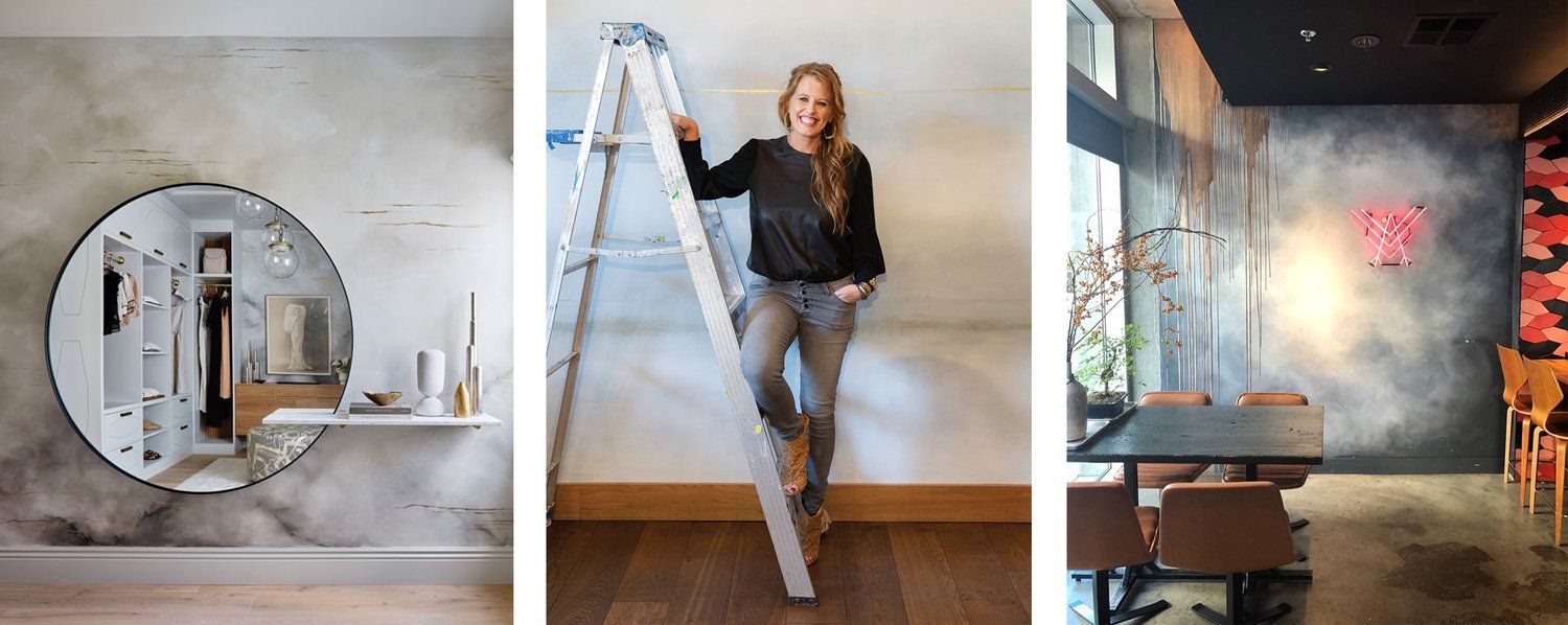 Three images: First one is of a dressing room seen in the reflection of a circular mirror. the second is the designer with a step ladder in front of a wall with special finish. third is a small dining area with a mix of colors and finishes on walls and floor.