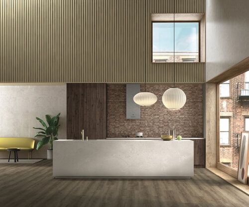 Modern open living space in a brownstone with a mix of materials.