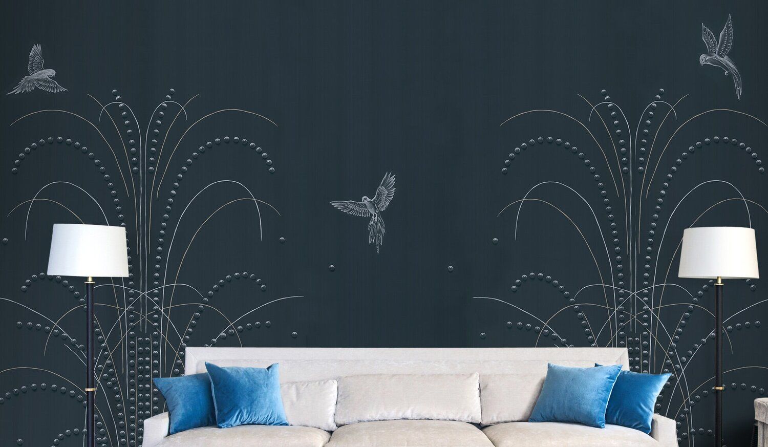 Mural from wall cover behind simple contemporary couch.
