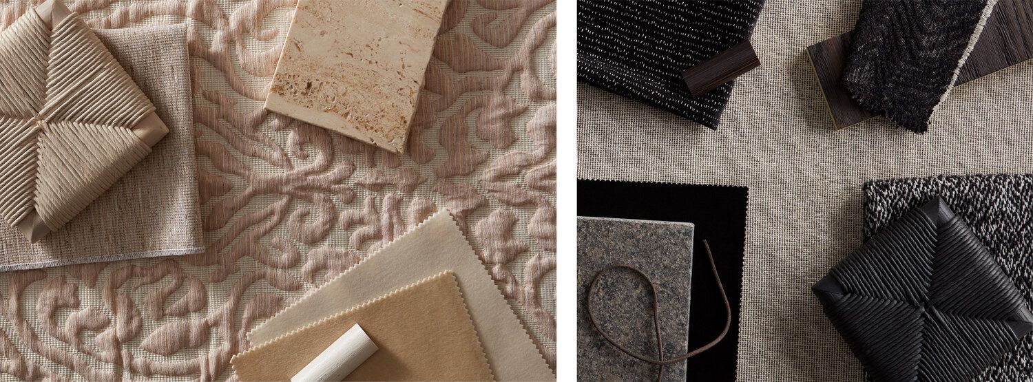 Two images side by side of similar design sample objects in two different tone-on-tone examples, one light and one dark.