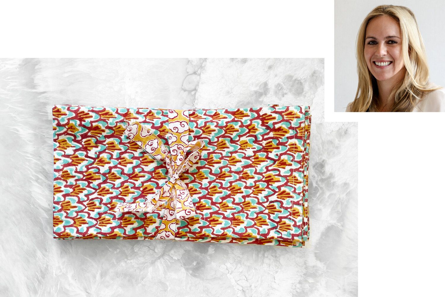 Smiling designer head shot adjacent to a piece of fabric tied with a bow.