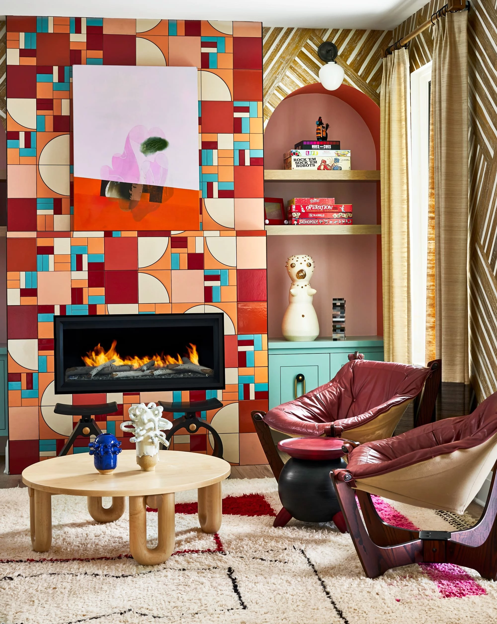 Mod living room with various patterns and accessories.