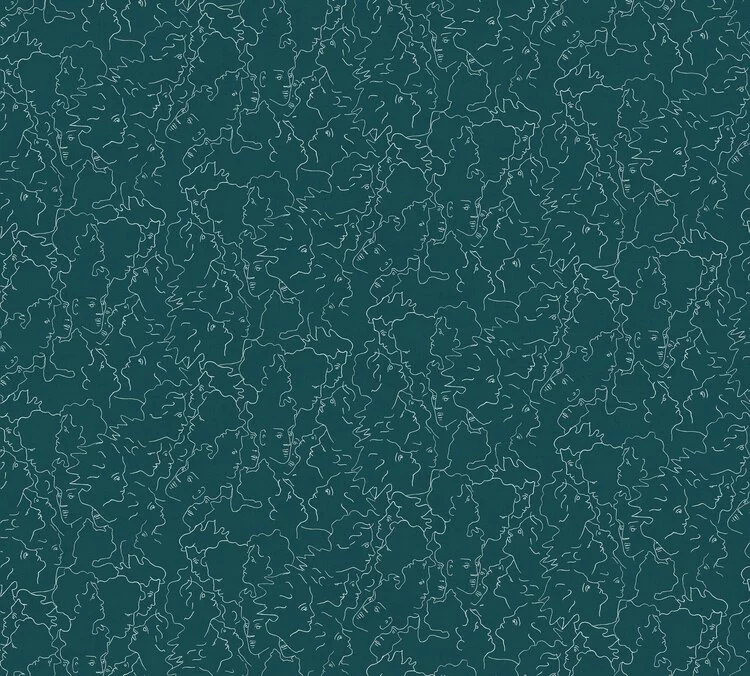 Closeup of wallcovering pattern with profiles of faces.