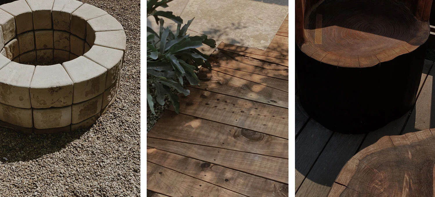Three images displaying different materials. One is a firepit, one is a set of stairs from a deck and the other are stump seats on a deck.