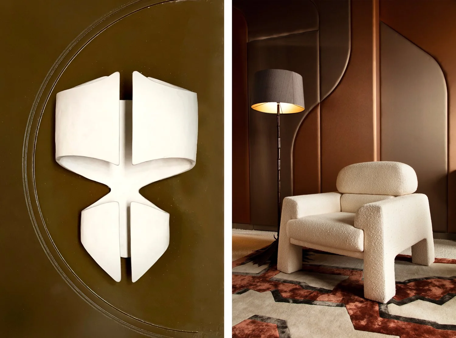 Closeup of small wall art piece on left and sculptural upholstered chair against stylized wall.