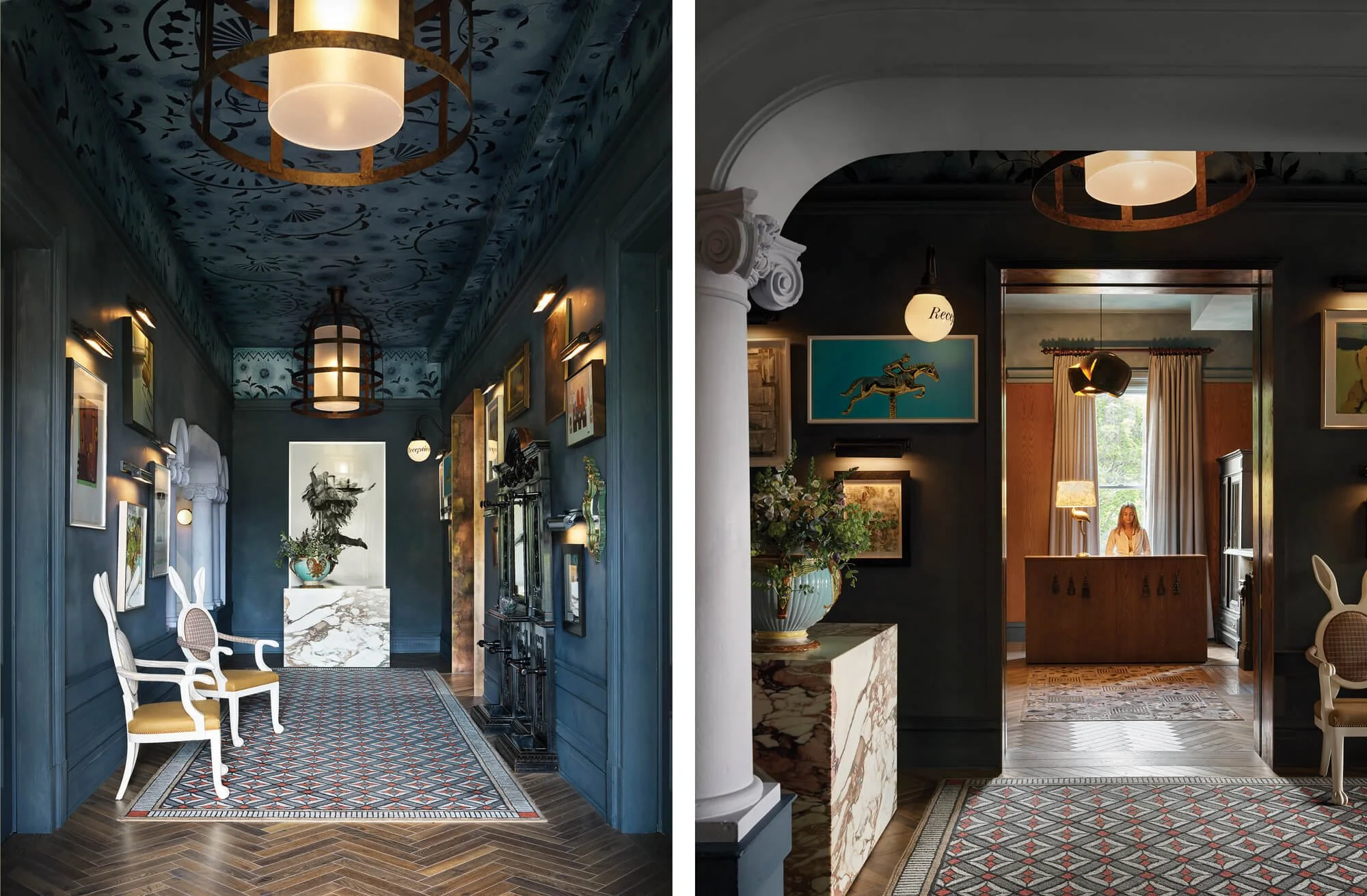 Two interior images with details of ceiling, walls and accessories visible.