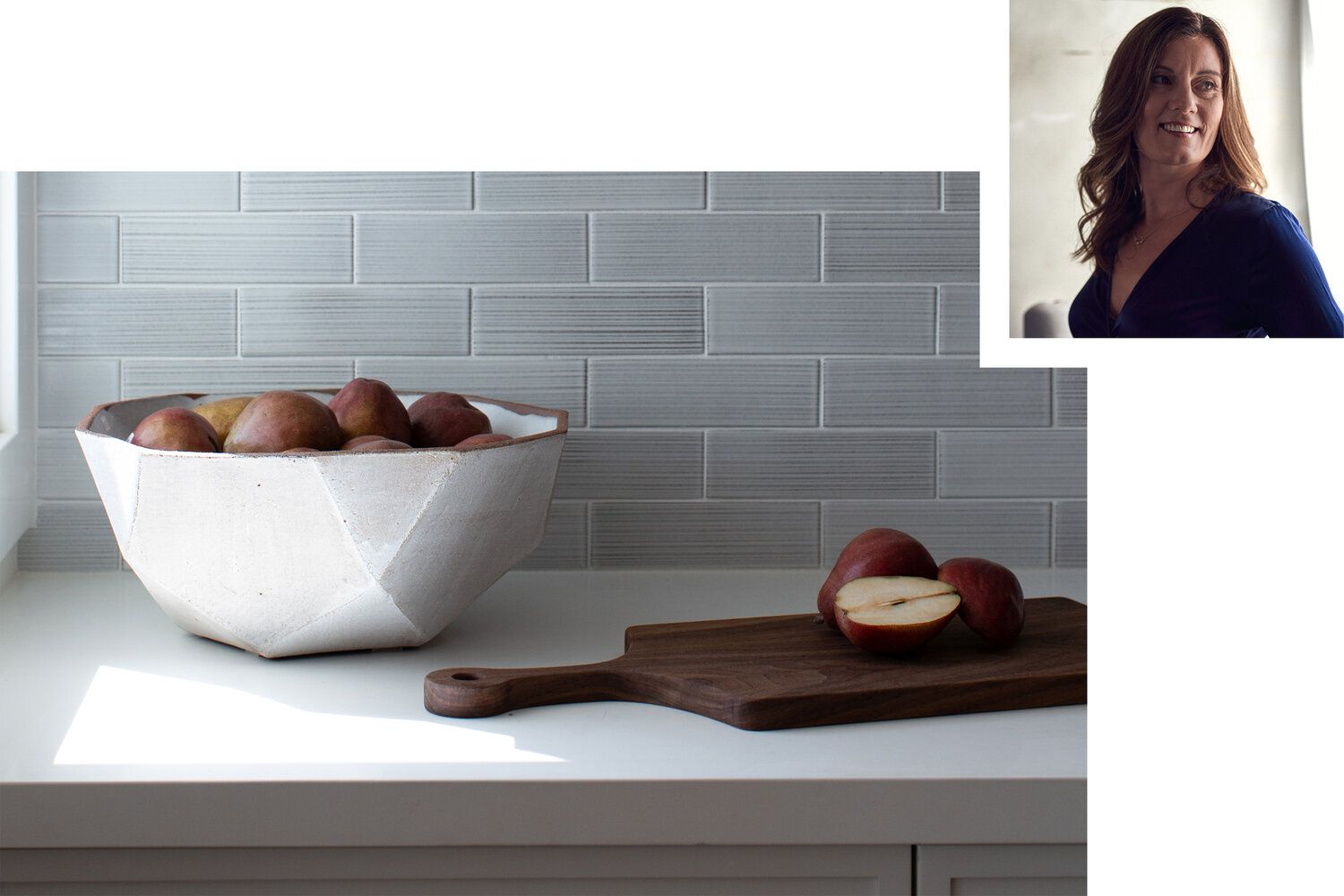 Designer smiling over her shoulder. Adjacent picture is of hexagonal shaped bowl of red pears and one on a cutting board with cut pears.