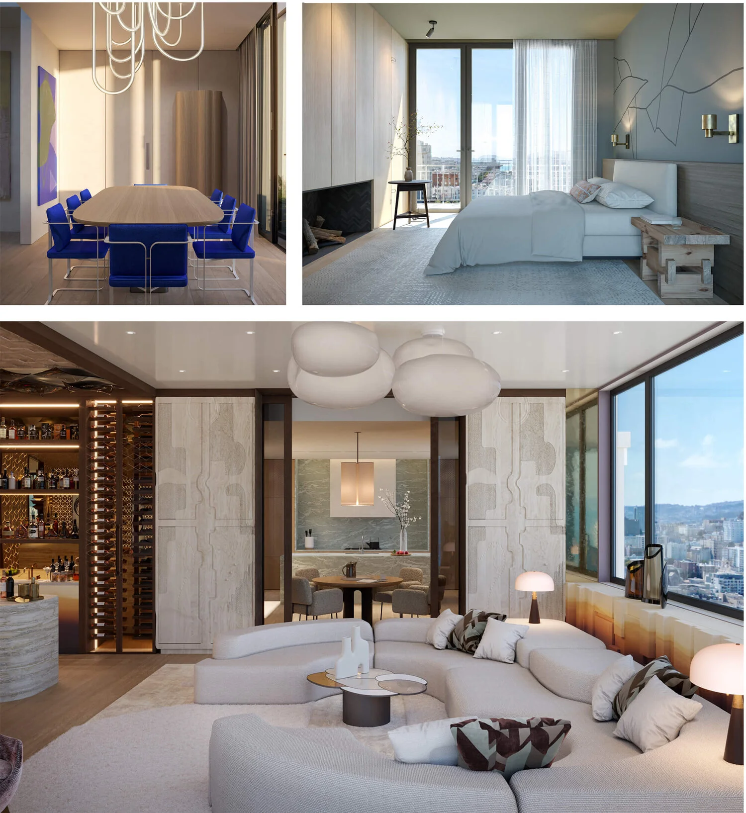 Collage of images: one of a bedroom, a living room and a dining room.
