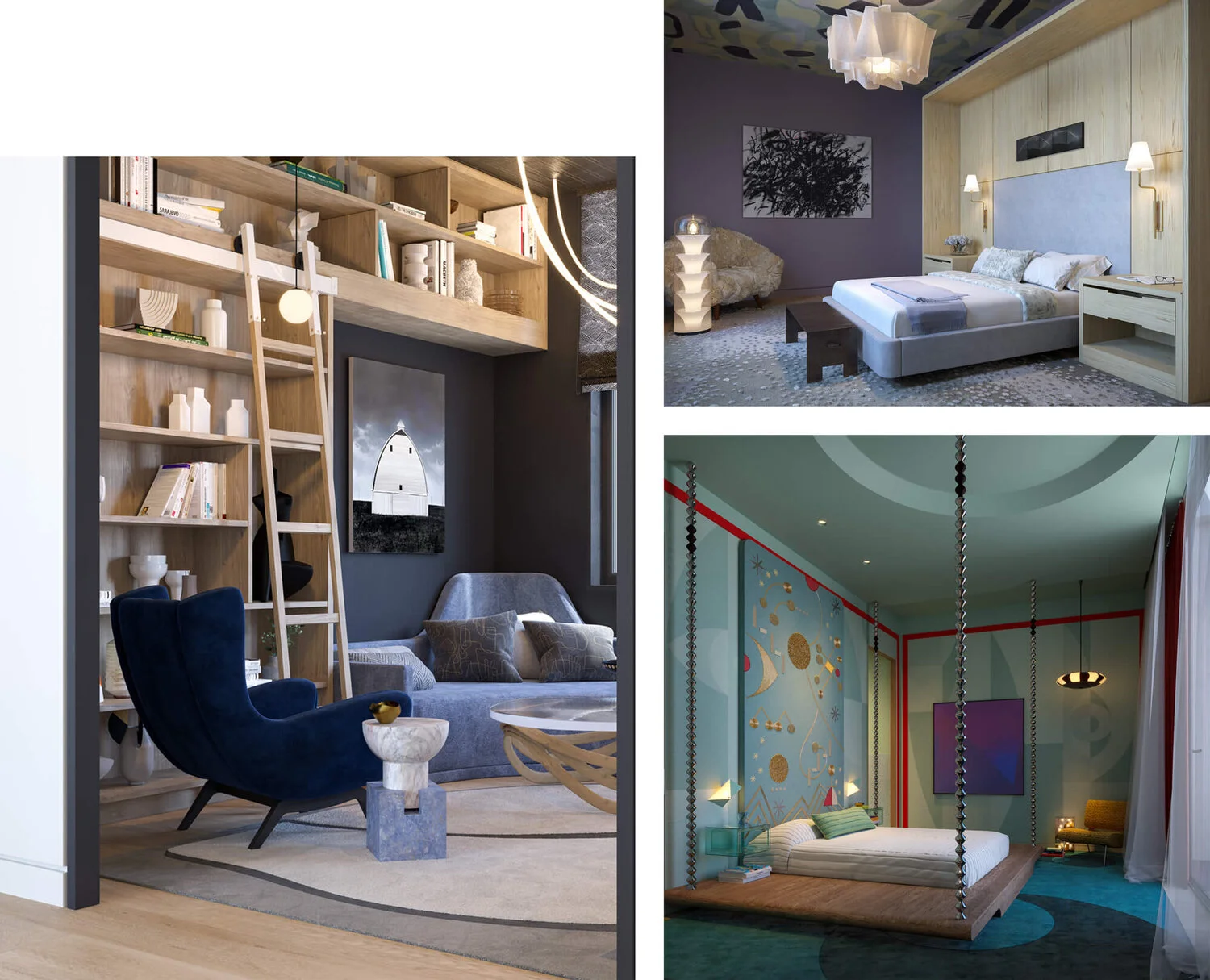 Collage of images of two bedrooms and a study.