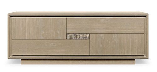 Mid century style credenza in light gray wood tone finish.