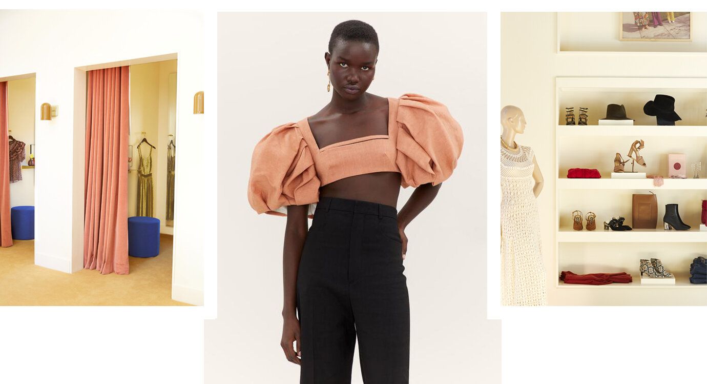 Three images: first one of posh dressing rooms with long drape closures and small hassock seating. Second image of stunning model wearing same fabric from drapes in a designer cropped top and dark pants. Third image of a small wall of inset shelves with accessories and a mannequin on left with crocheted dress.