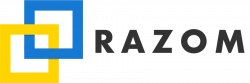 Two interlocking square frames with name of RAZOM adjacent.