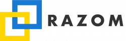 Two interlocking square frames with name of RAZOM adjacent.