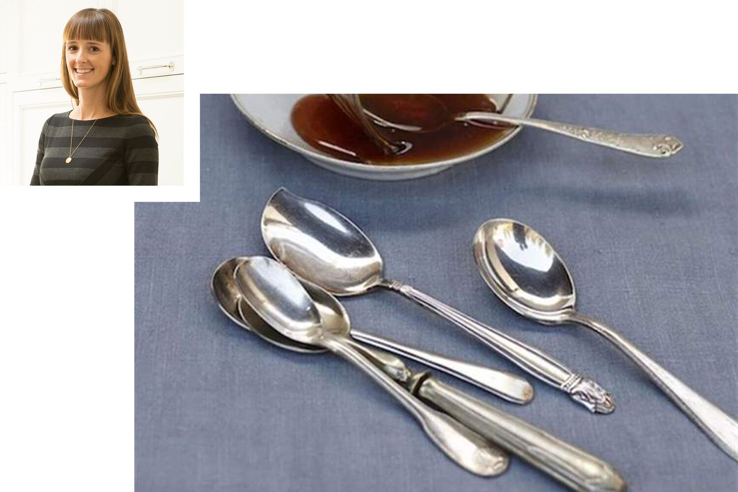 Set of silver spoons with different patterned handles. one is in a small bowl of sauce. There is a smiling picture adjacent of the designer.