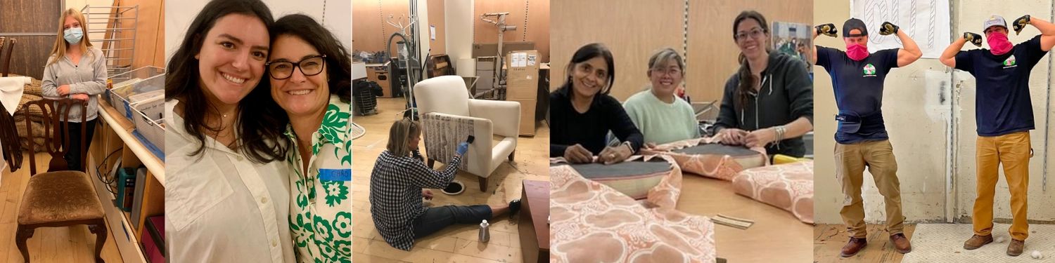 A group of shots showing designer and collaborators as they work on renovating furniture and a space.