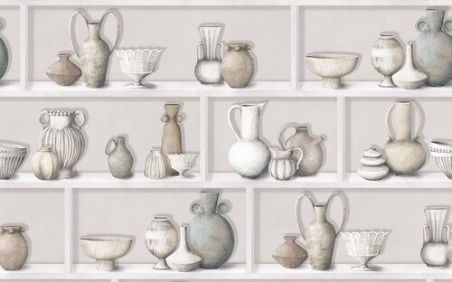 Wallcovering with graphics of historic containers on wall shelves.