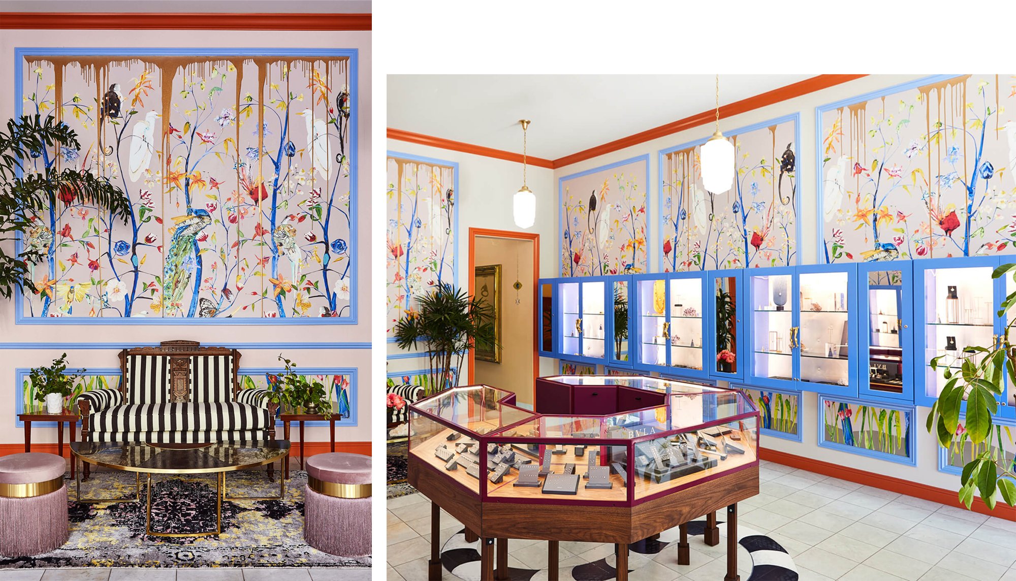 Two rooms with whimsical painted wall panels.