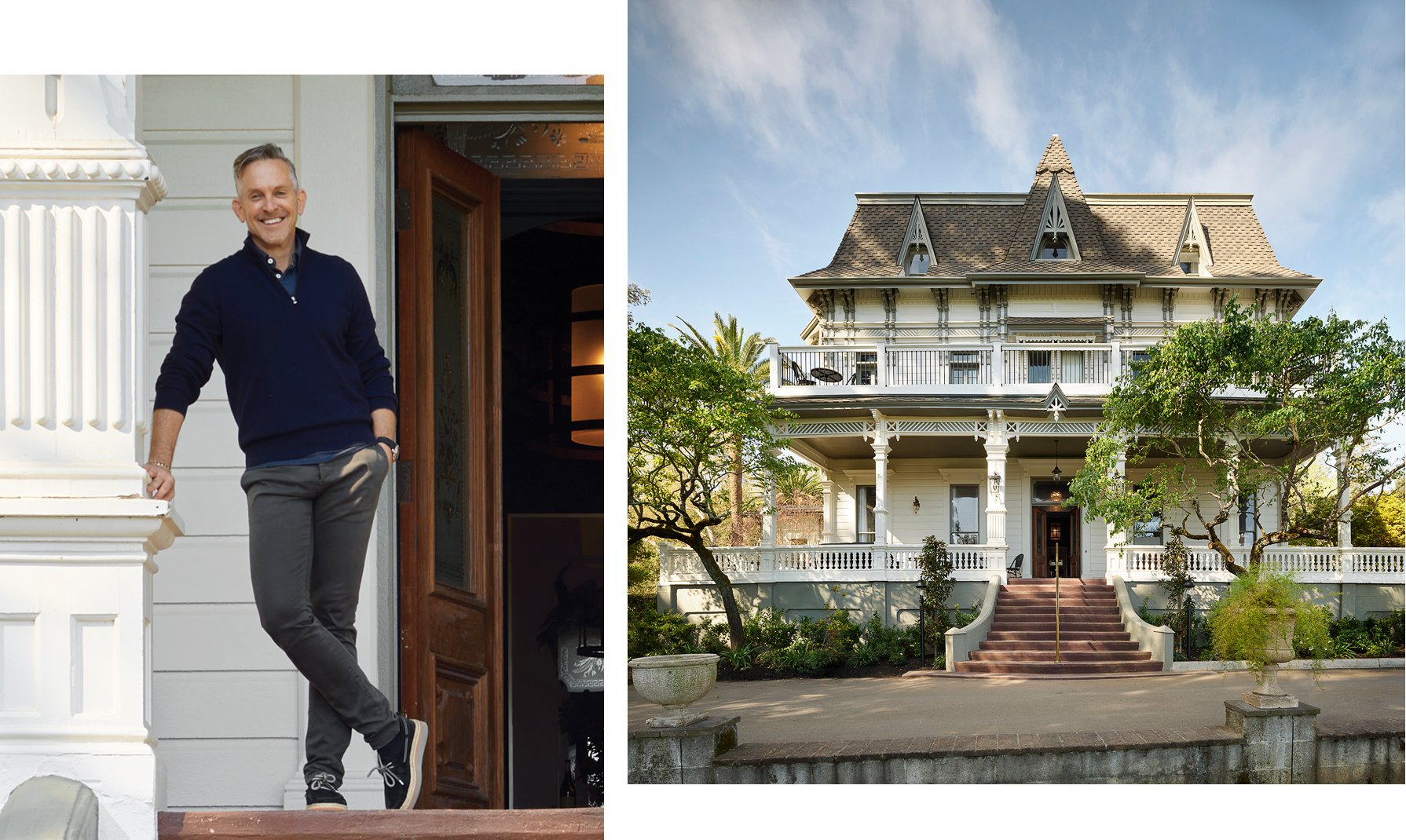 On left is the designer smiling as he leans against an exterior column. On right is a full view of the front exterior of the house.