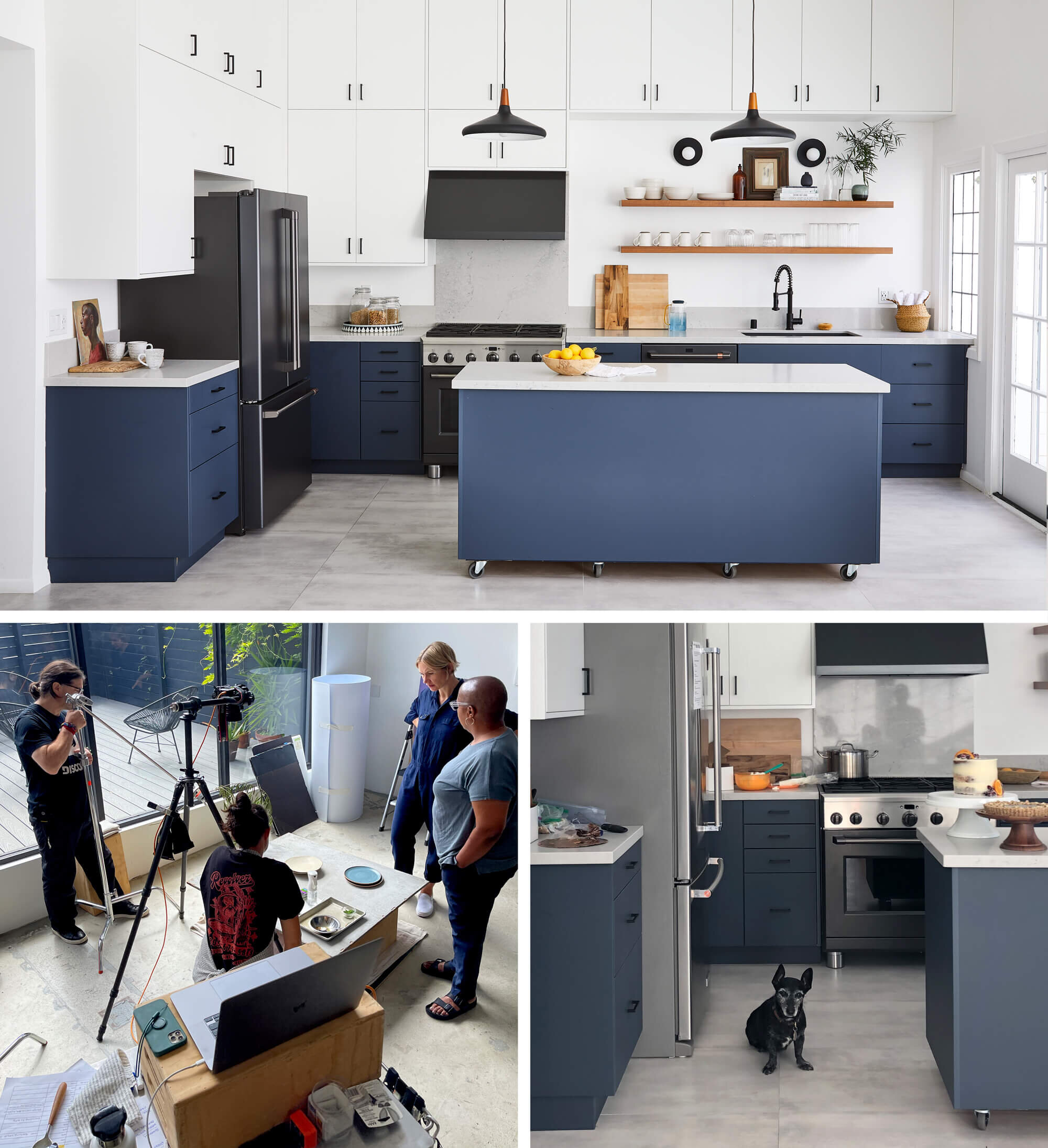 Three images: The first is a view of a bright kitchen with cabinets to ceiling. The second one is of the photographer's team prepping for shoot. The third is the same kitchen as above with a small dog center looking at camera. 