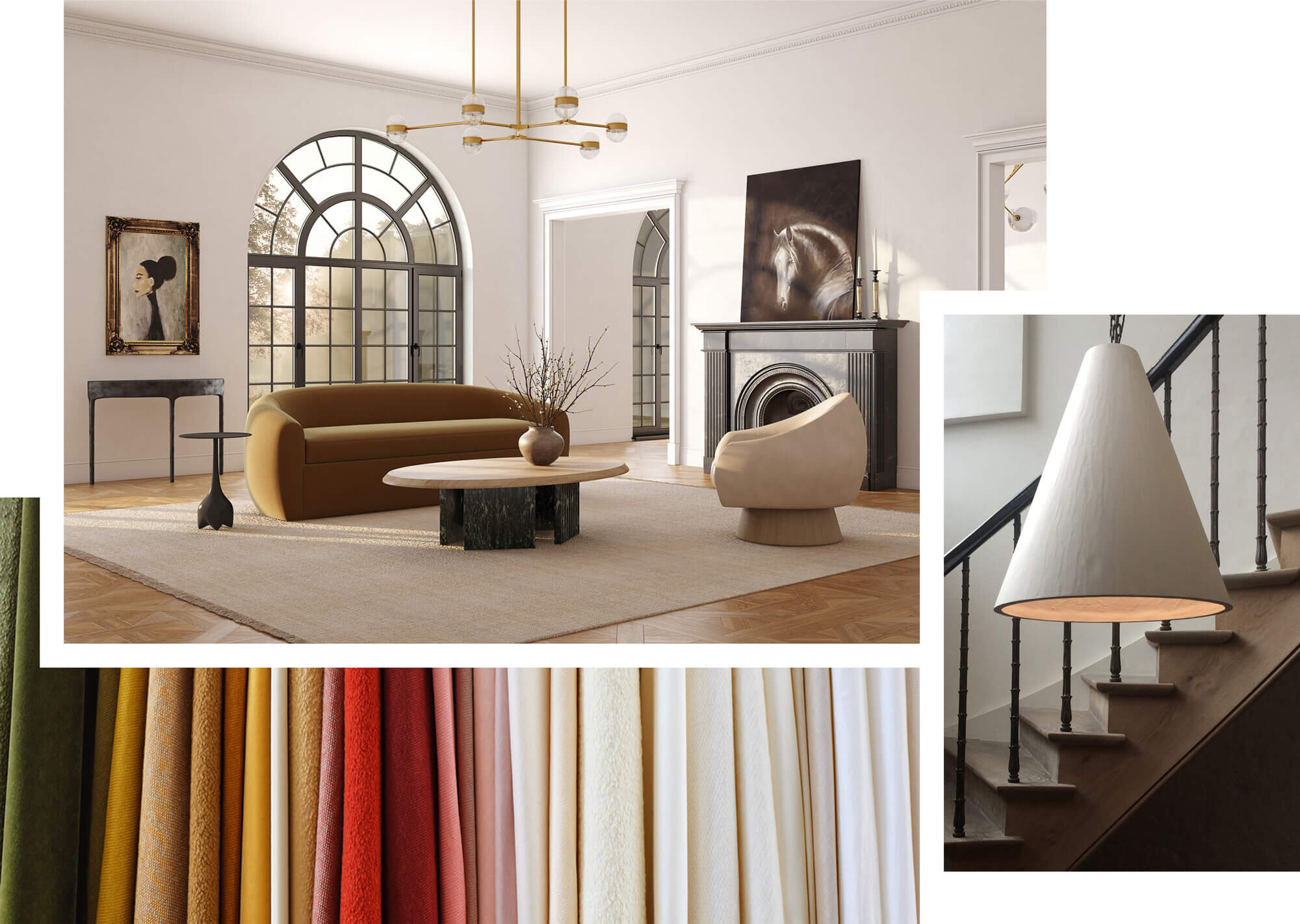 Three images. Top left is a modern living room with curved windows and upholstered furniture. Second one is a closeup of a cone-shaped pendant lamp next to a staircase. Third is a variety of swatches of drape fabrics.