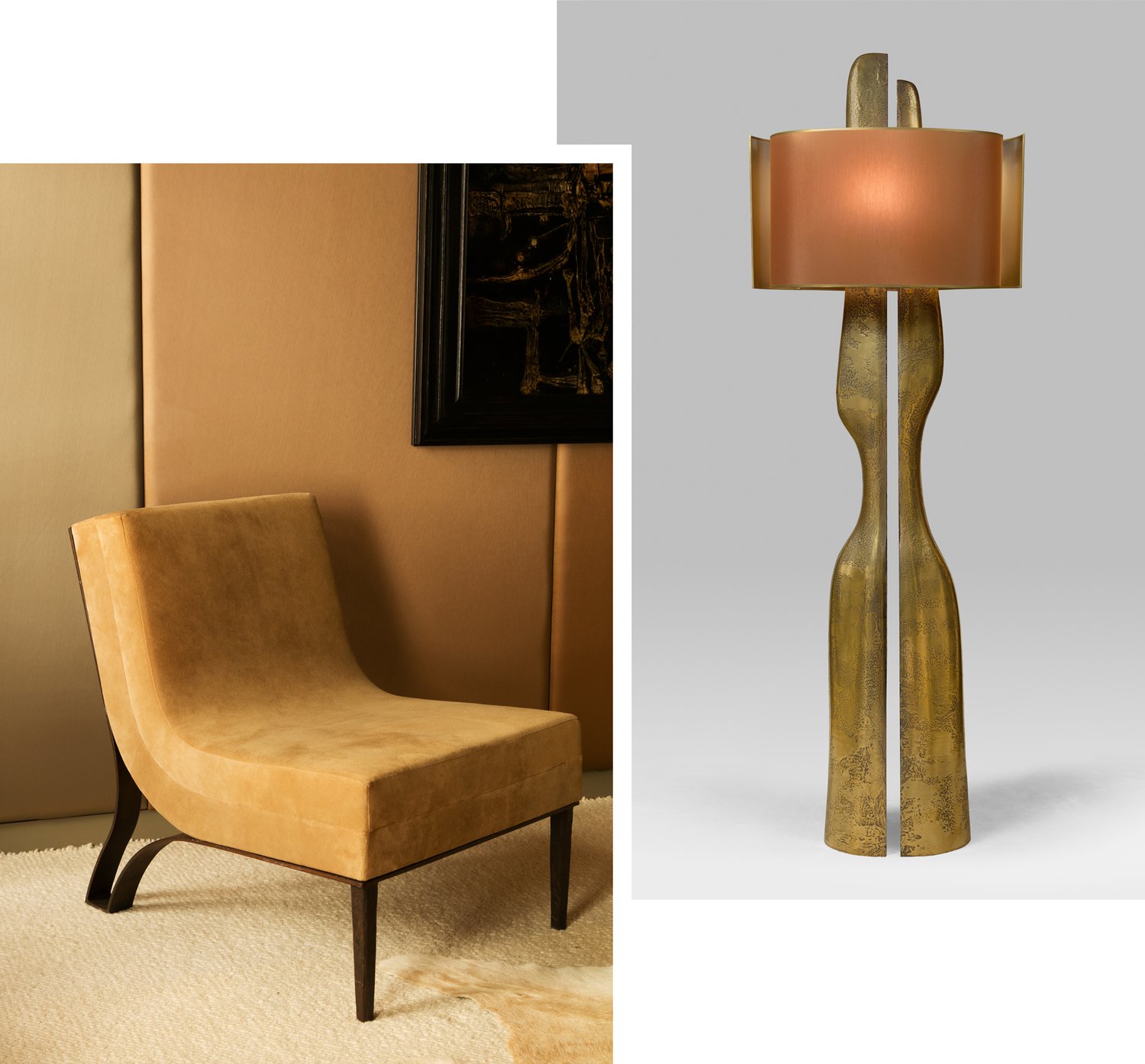 Sculptured upholstered chair on left and floor lamp with two adjoining bases and multi-layered shade.