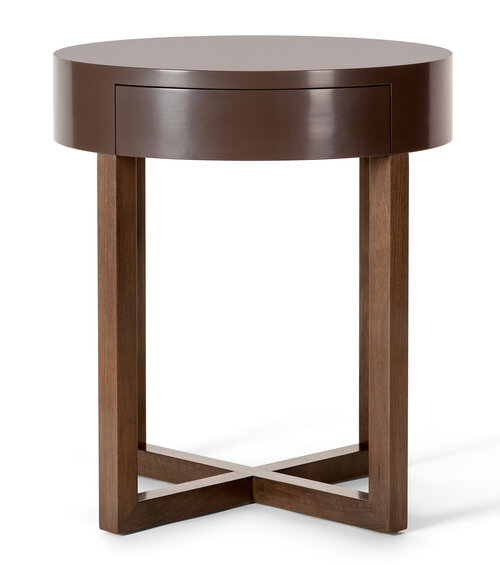 Round side table with drawer and intersecting legs.