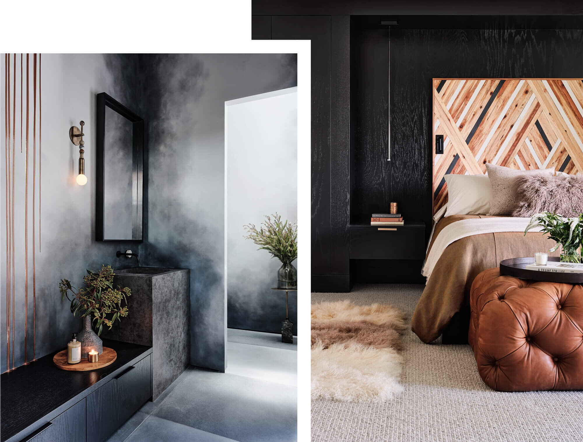Two images: First has a bathroom with paint effect that looks like dark mist. the other is the bedroom with a woven multi-toned wood headboard that reflects the other fabric tones in room that are leather and fur.