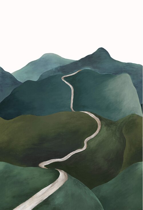 Graphic with a winding path through stylized mountains.