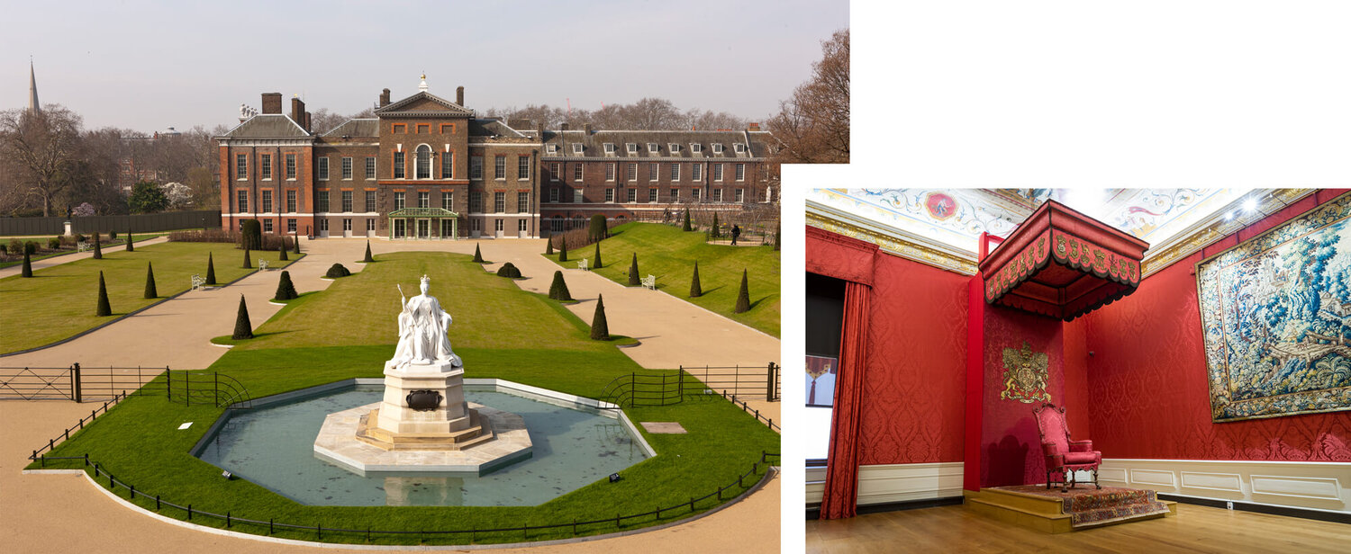Two images of palace. One is an exterior view with fountain in foreground. In the other photo is the throne room with an elaborate upholstered chair under a large canopy.