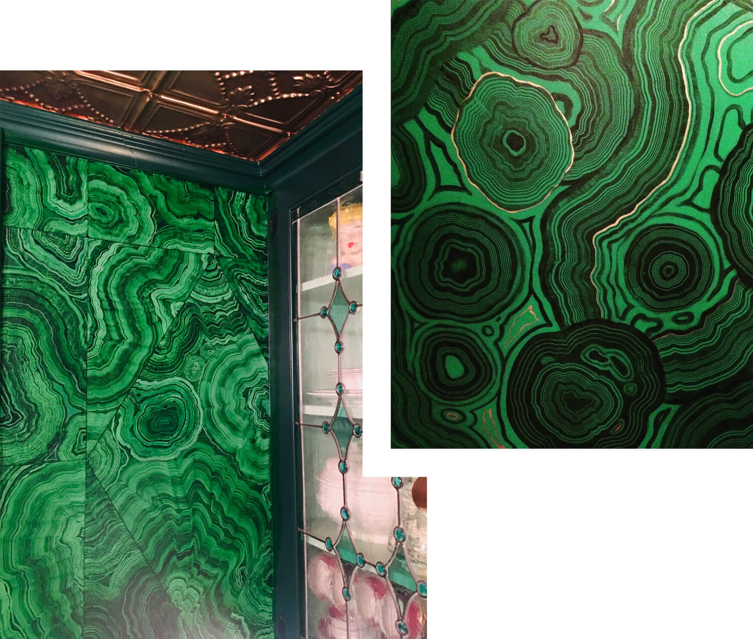 Copper ceilinged space with malachite patterned walls and a leaded glass window. Adjacent picture is of malachite pattern.