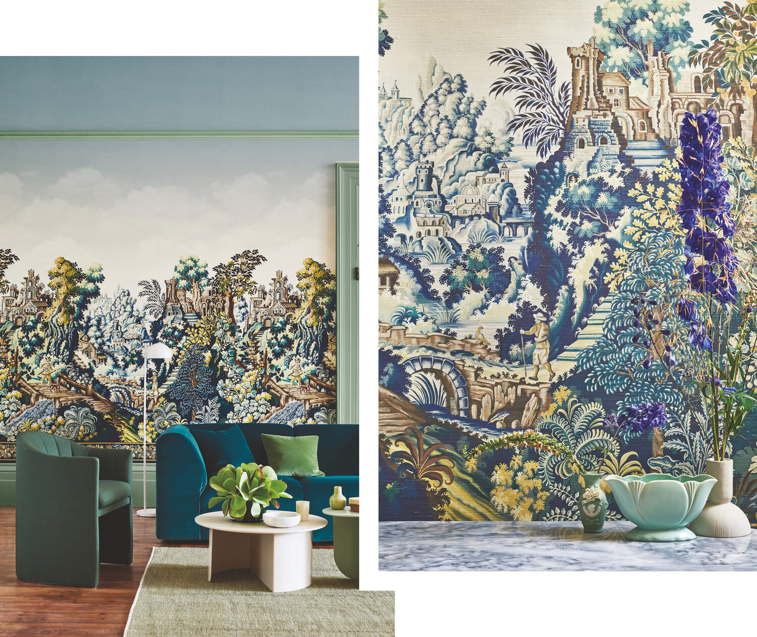 Side by side views of graphic wallcovering. One is shown at a distance with furniture in foreground, while the other is a close of a section of the elaborate design.