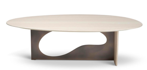 Oblong table with center support with curved cutout.