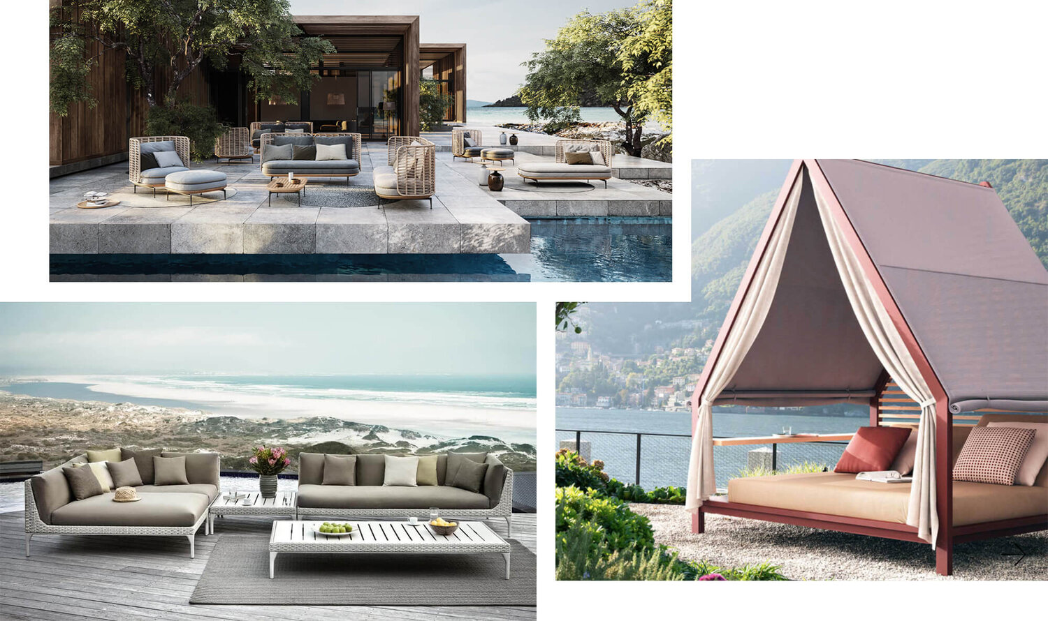 Three exterior views of upscale lounging furniture.