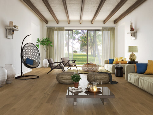 Modern, airy living room.