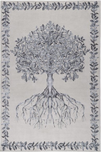 Tree with exposed roots motif with a border of vines of leaves.