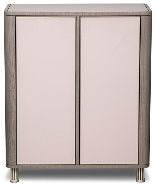 Two door flat front cabinet with short metal legs.