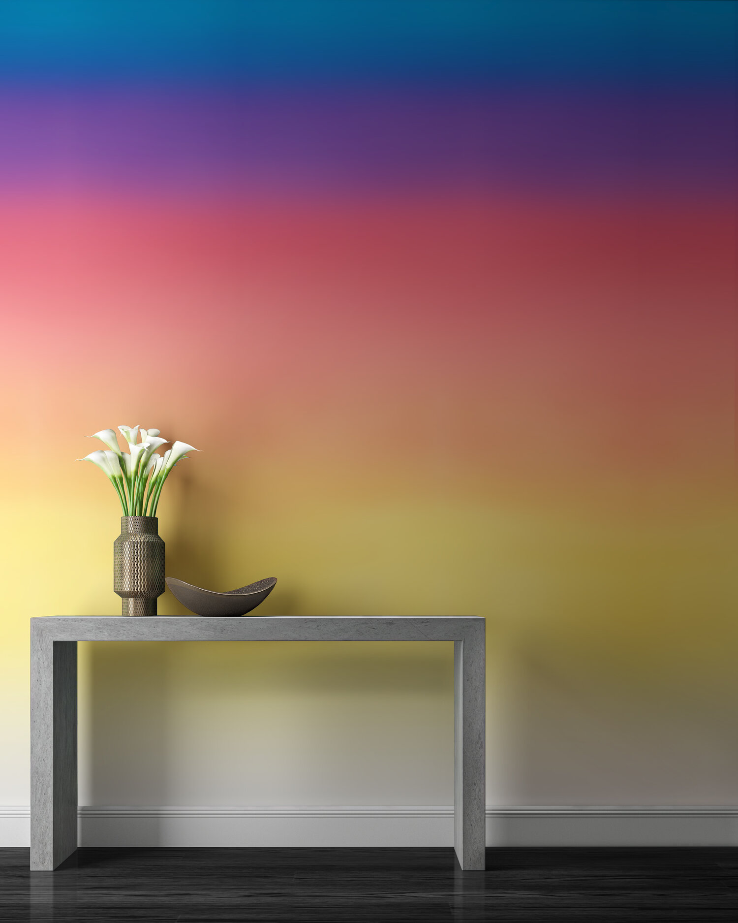 Rainbow colored wall with Parsons-style table with flower in a vase in front.