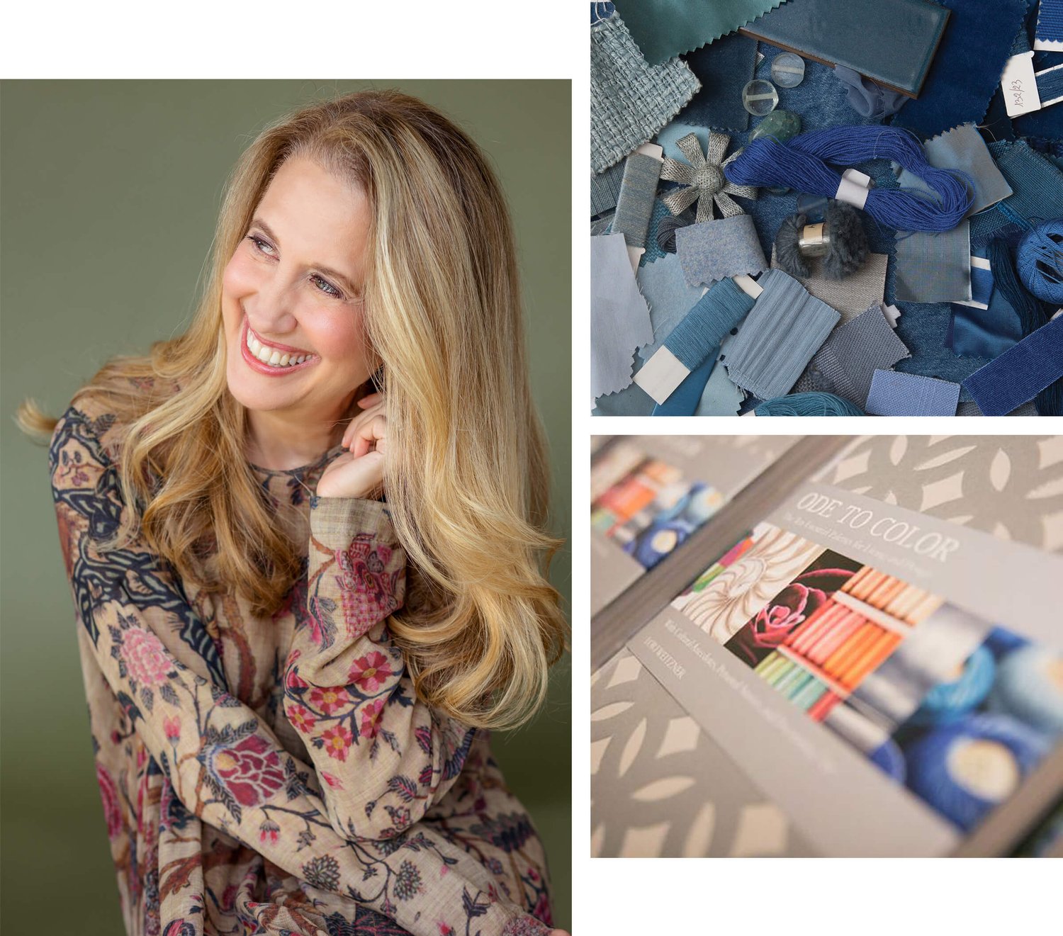 Three images: On left of the designer smiling. On right the top image is a set of notions and swatches in shades of blue. Below is a view of a book cover with title 