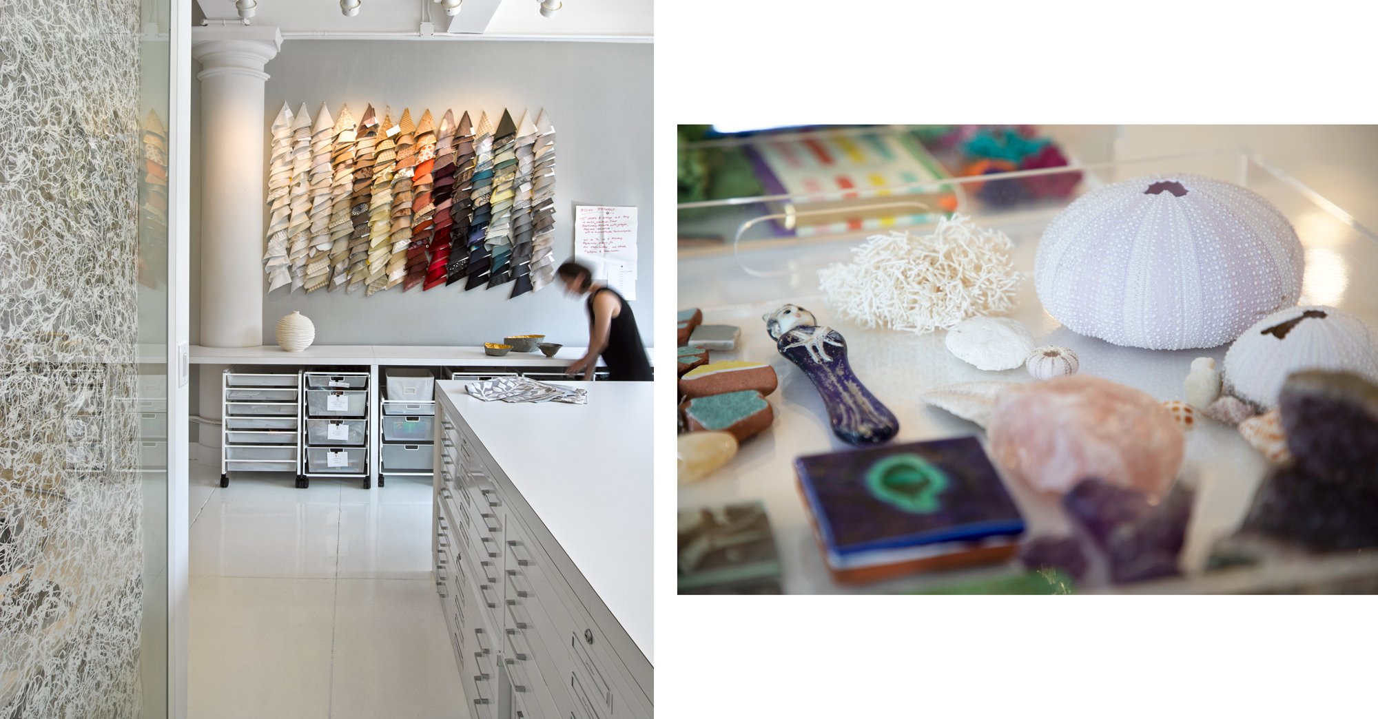 Two images. One on left is of someone working in a light and airy study with lots of drawers and bins and organized swatches on wall. On right is a closeup of various objects from the sea, including a sea urchin shell and coral skeleton.