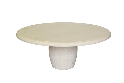 Round table top on barrel-shaped base.