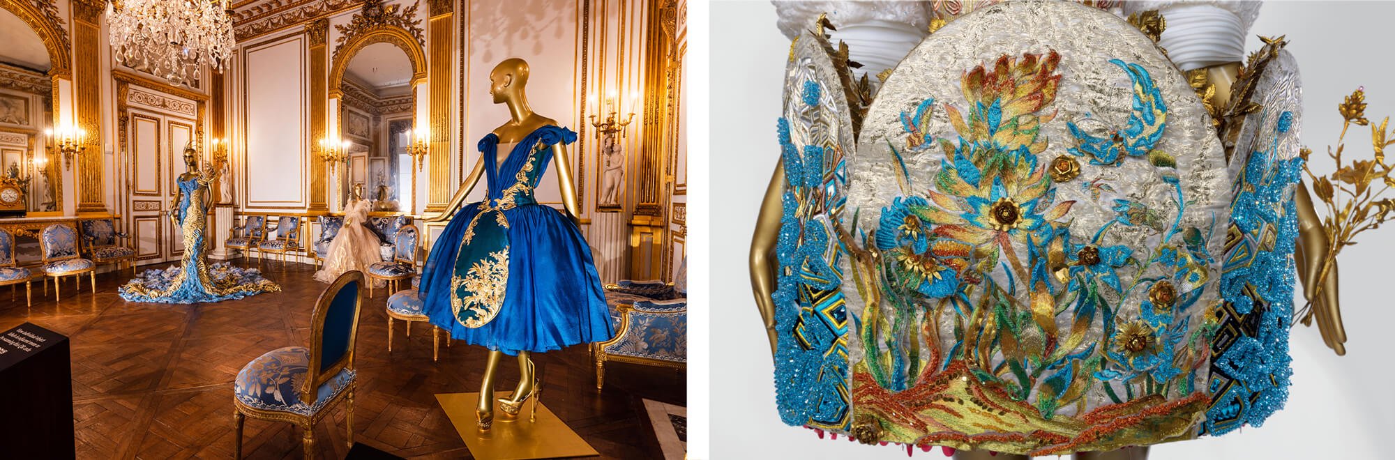Two images: On left is an ornate ballroom with golden mannequins dressed in a variety of gowns. On right is a closeup of intricate floral embroidery.