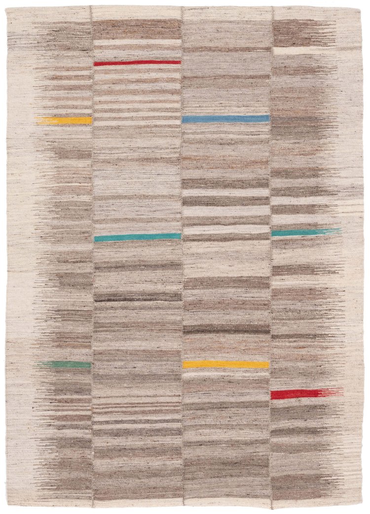 Woven rug with occasional short color bands.