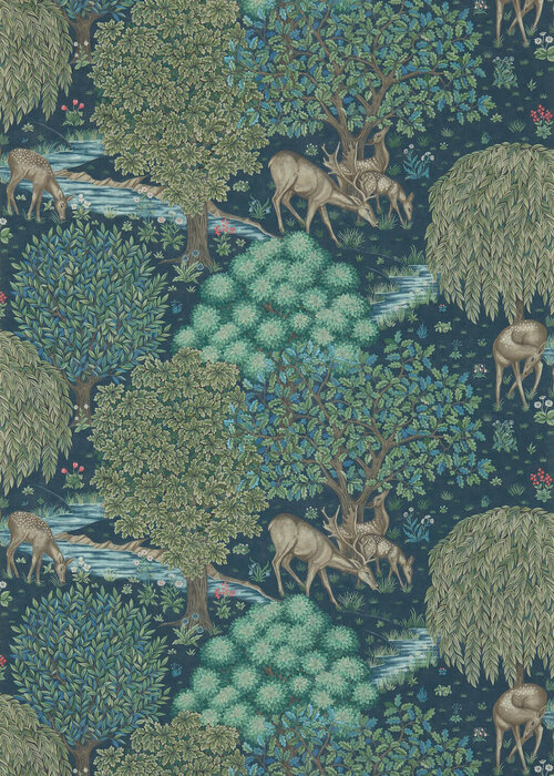 Repeating pattern with deer at a brook and surrounding trees and bushes.