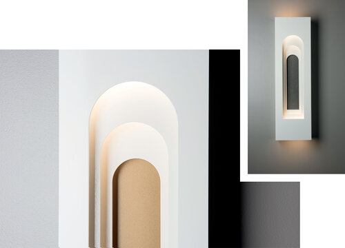 Two photos of vertical rectangular sconces with interior arches.