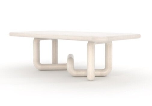 White table with twisting tubular base.