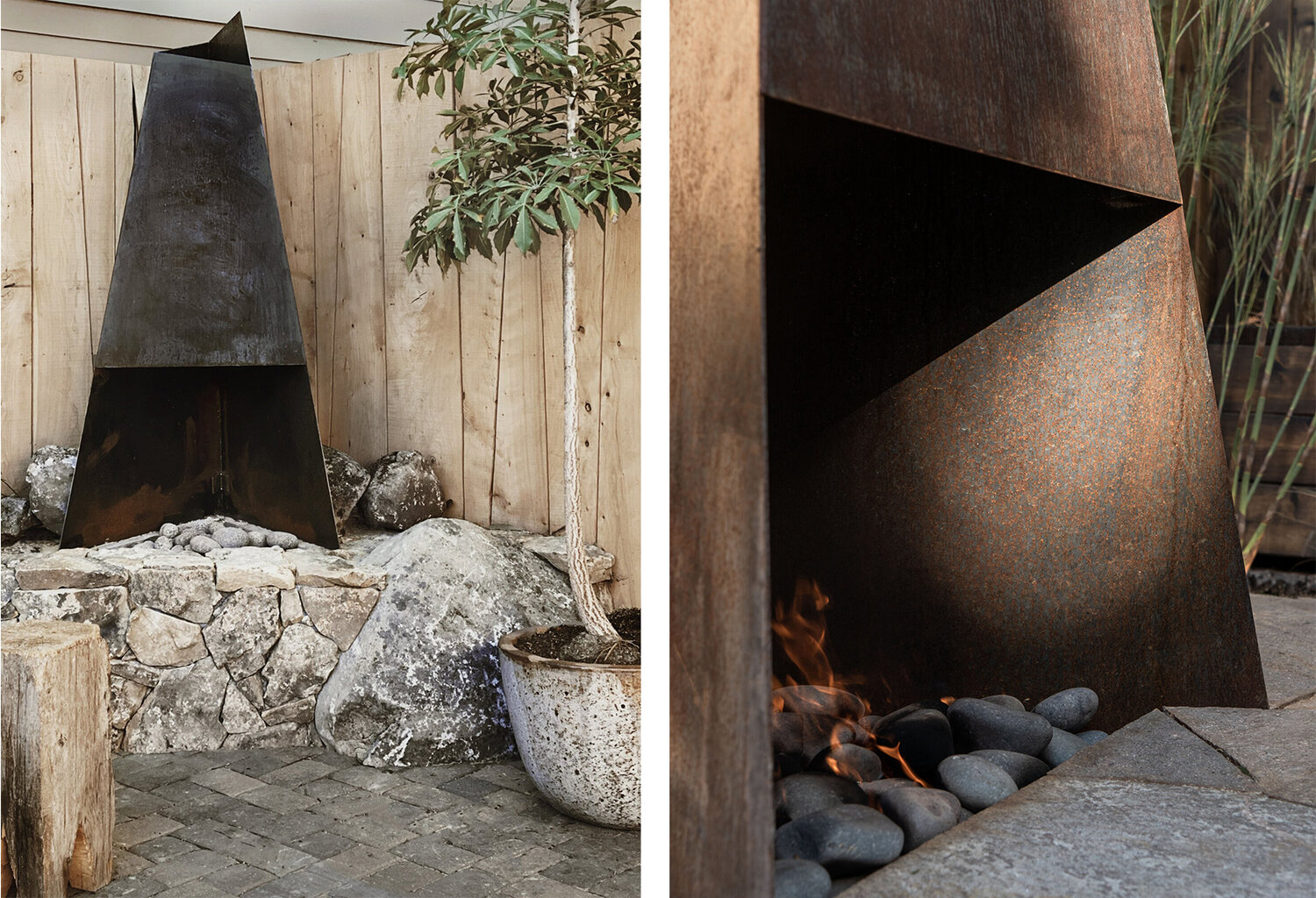 Two images of metal fireplace on a loose stone base.