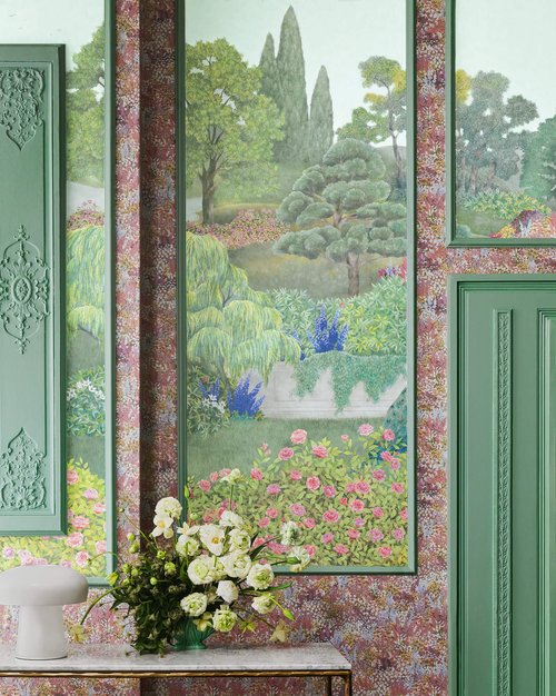 Framed wallpaper panels of formal garden scene.